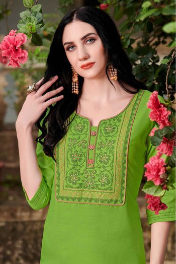 Cotton Embroidery Kurti In Green Colour - KR5412002