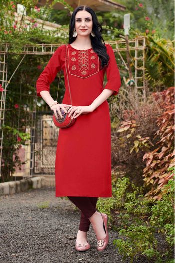 Cotton Embroidery Kurti In Red Colour - KR5411998