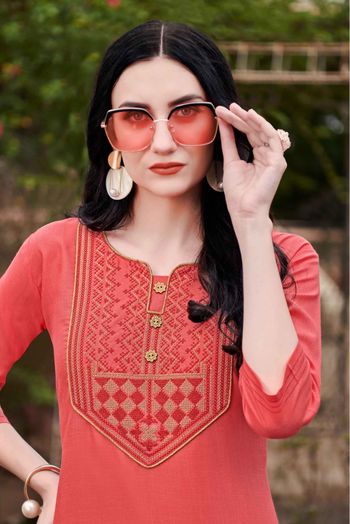 Cotton Embroidery Kurti In Salmon Red Colour - KR5412001