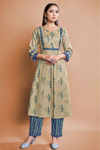 Cotton Printed Kurta Set In Beige Colour - KR5412017