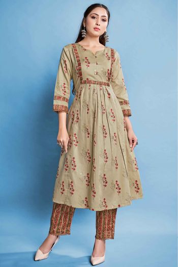 Cotton Printed Kurta Set In Beige Colour - KR5412019