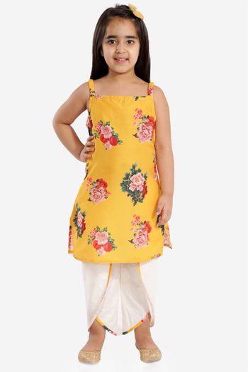 Cotton Silk Printed Kurta And Dhoti Set In Yellow Colour - GK4351912