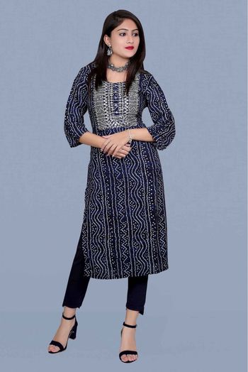 Rayon Bandhani Print Kurti In Blue Colour - KR5412027