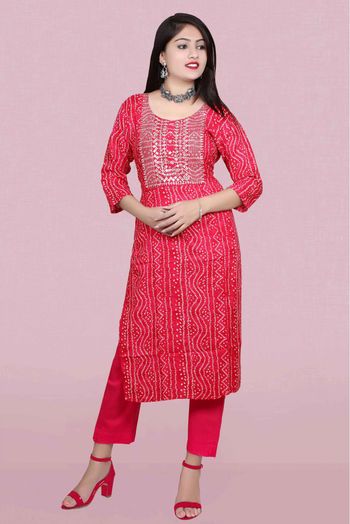 Rayon Bandhani Print Kurti In Pink Colour - KR5412026