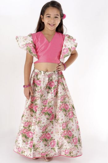 Silk Blend Printed Crop Top Lehenga Choli In Pink Colour - GK4351920