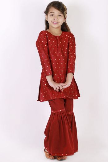 Silk Blend Woven Kurta And Sharara Set In Maroon Colour - GK4351926