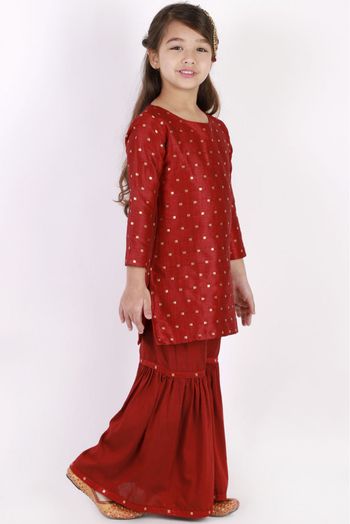 Silk Blend Woven Kurta And Sharara Set In Maroon Colour - GK4351926