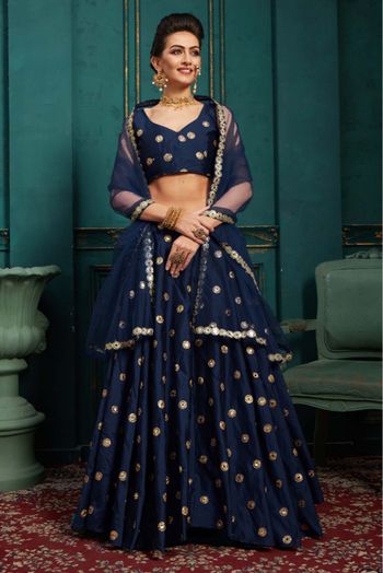 Navy Blue Taffeta Silk Two Layer Plain Lehenga With Velvet Work Choli –  Cygnus Fashion