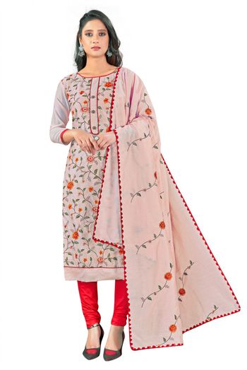 Unstitched Chanderi Embroidery Churidar Suit In Light Peach Colour - US3234069