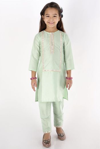 Designer Embroidered Baby Green Straight Pant Kurta Set