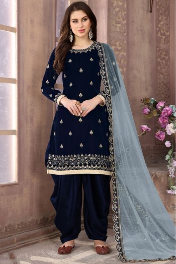 9000 Velvet Embroidery Patiala Suit In Blue Colour