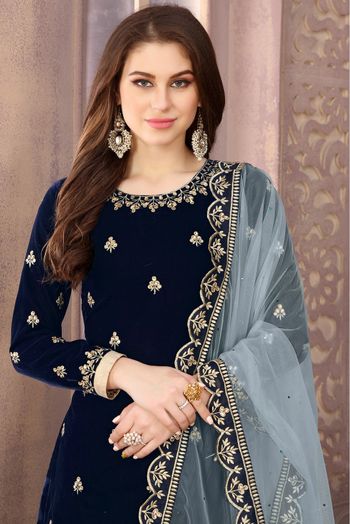 9000 Velvet Embroidery Patiala Suit In Blue Colour