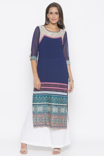 Plus Size American Crepe Embroidery Kurta Set In Navy Blue Colour - KR2710838