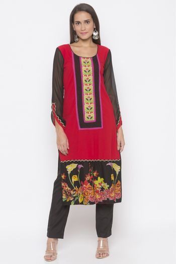 Plus Size American Crepe Embroidery Kurta Set In Red Colour