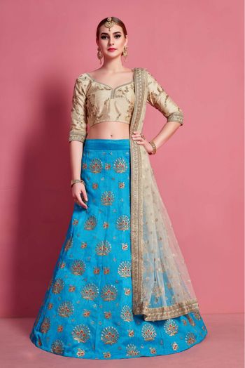 Art Silk Embroidery Lehenga Choli In Sky Blue Colour - LD4900337