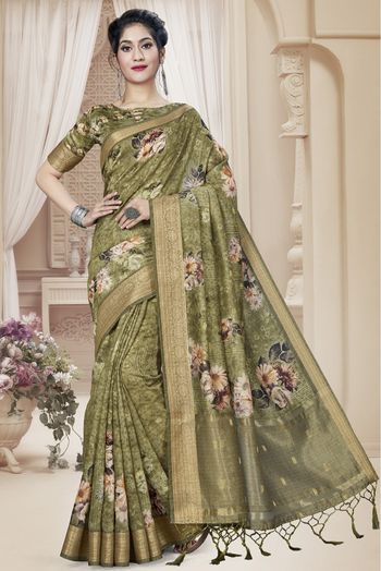 Indian Latest Designer Georgette Fabric Mehndi Green Color Saree With Free  Fancy Blouse