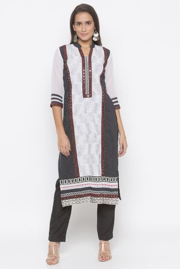 Plus Size Cotton Embroidery Kurta Set In Black And White Colour - KR2710837