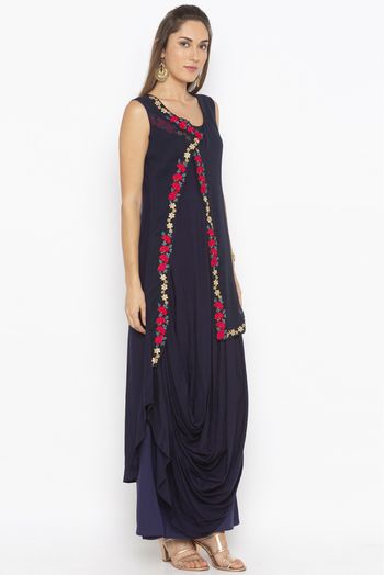 Plus Size Cotton Embroidery Kurta Set In Navy Blue Colour