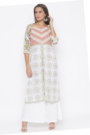 Plus Size Cotton Embroidery Kurti In Cream Colour - KR2710827