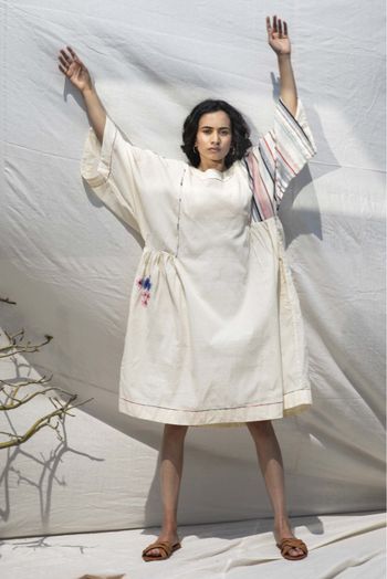 Dhaari Ivory Cotton Silk Porcelain Dress With Embroidery Detailing On Sides