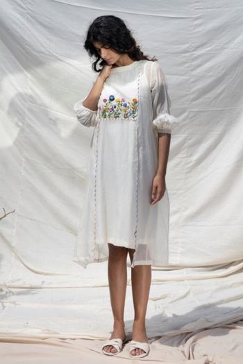 Dhaari Ivory Cotton Silk Snow Dress With Hand Embroidery