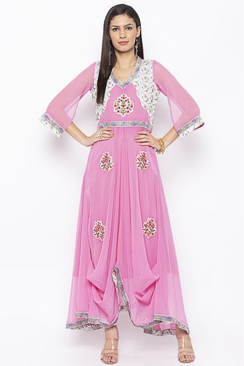 Plus Size Georgette Embroidery Kurta Set In Baby Pink Colour