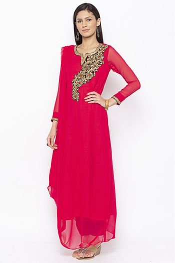 Plus Size Georgette Embroidery Kurta Set In Coral Pink Colour