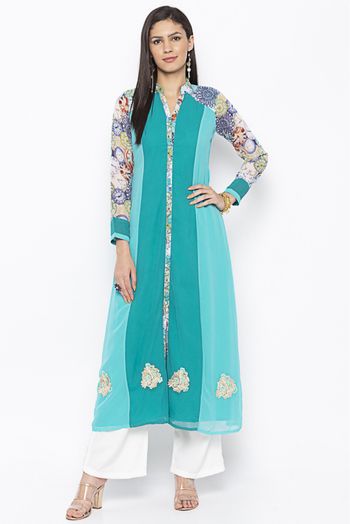 Plus Size Georgette Embroidery Kurta Set In Green Colour - KR2710846