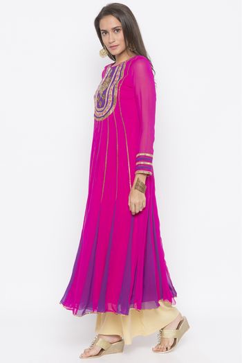 Plus Size Georgette Embroidery Kurta Set In Hot Pink Colour