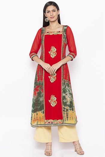 Plus Size Georgette Embroidery Kurta Set In Red Colour - KR2710854