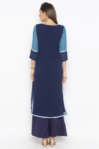 Plus Size Georgette Embroidery Kurti In Dark Blue Colour - KR2710825