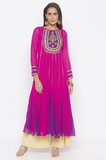 Plus Size Georgette Embroidery Kurti In Hot Pink Colour
