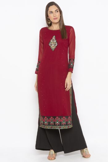 Plus Size Georgette Embroidery Kurti In Maroon Colour