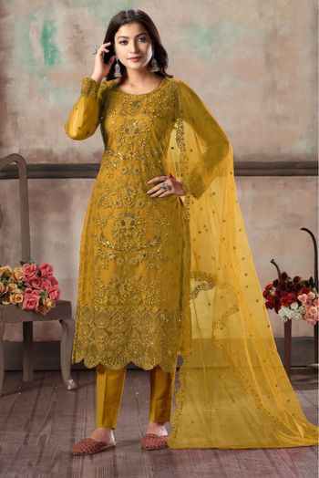 Net Embroidery Pant Style Suit In Mustard Colour - SM1640570