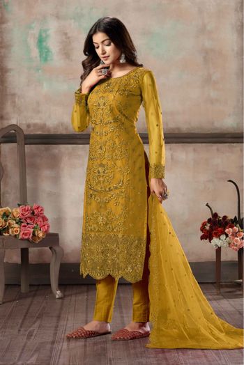 Net Embroidery Pant Style Suit In Mustard Colour - SM1640570