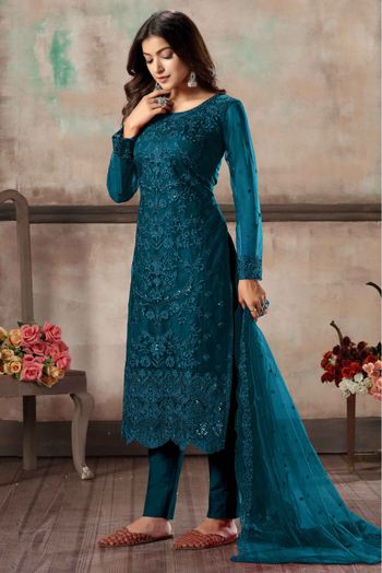 Net Embroidery Pant Style Suit In Teal Blue Colour