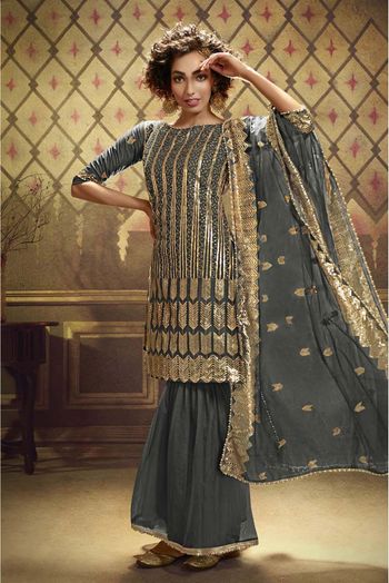 Net Sequins Work Sharara Suit In Grey Colour