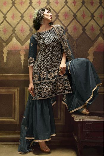 Net Sequins Work Sharara Suit In Rama Green Colour