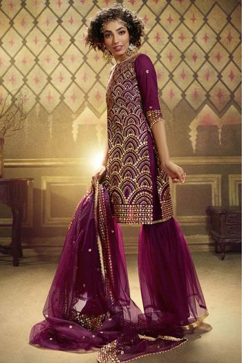 Net Sequins Work Sharara Suit In Wine Colour