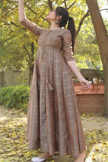 Embroidered Flare Kurta Dress - Brown – VRITTA