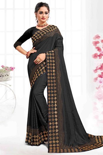 Pure Satin Designer Saree In Black Colour - SR1542373