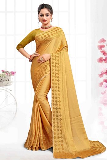 Pure Satin Designer Saree In Mustard Colour