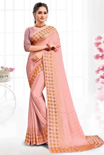 Pure Satin Designer Saree In Peach Colour