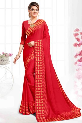 Pure Satin Designer Saree In Red Colour - SR1542376