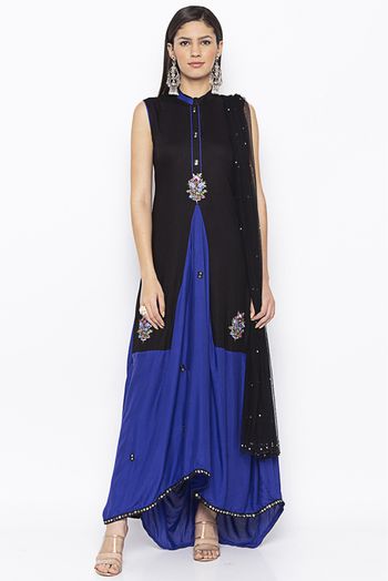 Plus Size Stitched Cotton Embroidery Pant Style Suit In Black And Blue Colour