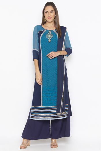 Plus Size Stitched Georgette Embroidery Palazzo Pant Suit In Dark Blue Colour - SS2710872