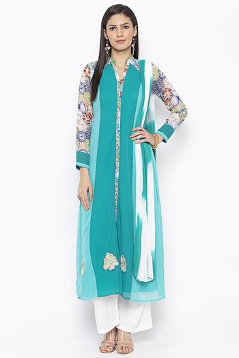 Plus Size Stitched Georgette Embroidery Palazzo Pant Suit In Green Colour