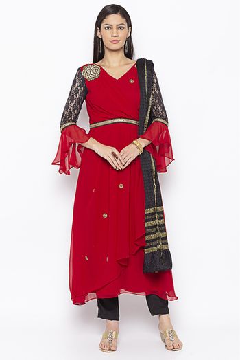 Plus Size Stitched Georgette Embroidery Pant Style Suit In Red Colour - SS2710860