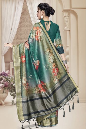 Tussar Silk Printed Saree In Teal Green Colour