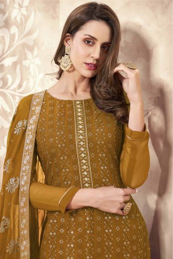 Georgette Embroidery Palazzo Pant Suit In Mustard Colour - SM5411822